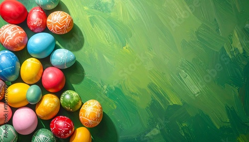 Brightly colored Easter eggs on green textured background