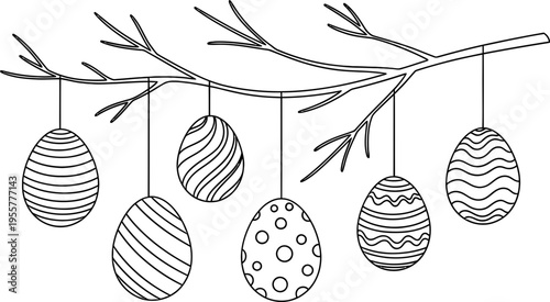 Easter eggs hanging from tree branch with unique patterns