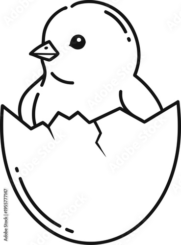 Cute chick emerging from broken eggshell in simple black lines