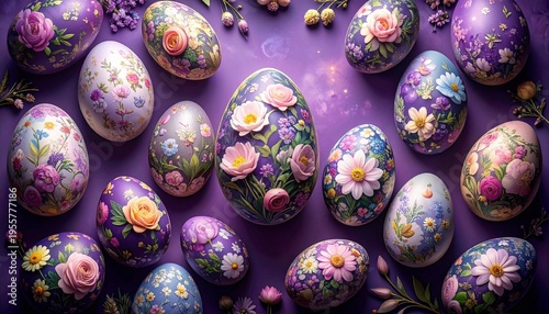 Decorated Easter eggs with floral designs on purple background