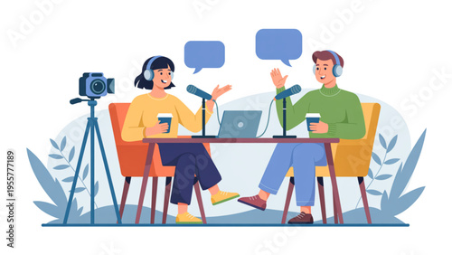 Female creator recording podcast using microphone and laptop