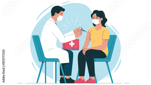 Professional female doctor in face mask giving vaccine injection to patient in clinic flat vector illustration.
