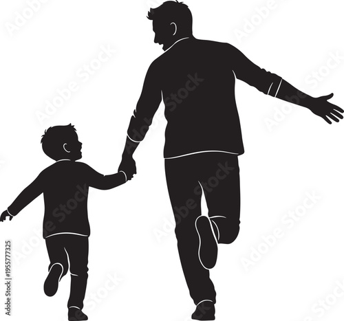 Father and son running hand-in-hand, silhouette illustration of freedom, joy, and an adventurous journey.