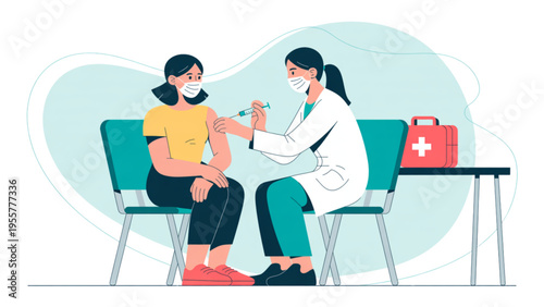 Professional female doctor in face mask giving vaccine injection to patient in clinic flat vector illustration.