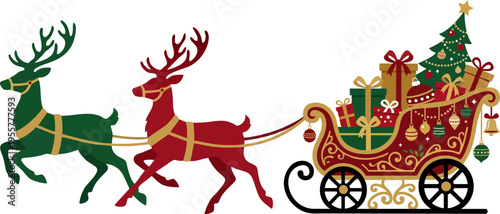Christmas Reindeer Sleigh Illustration with Gifts and Decorated Tree – Festive Flat Vector Silhouette