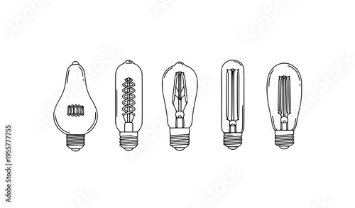 Cute hand drawn filament and Edison bulb icons with playful doodle style vector collection