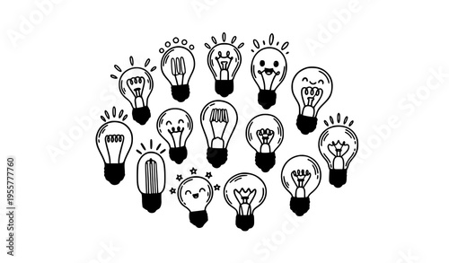 Minimalist monochrome hand drawn Edison and filament bulbs with simple sketch vector illustration