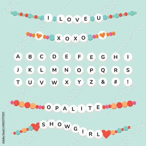 Show business friendship bracelet theme alphabet. Vector letters colorful friend beads pattern arts and crafts lettering design spell your name alphabet poster with colorful letters on teal