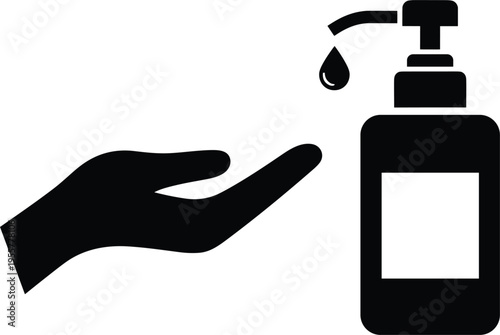 Hand sanitizer vector icon with pump bottle and hand silhouette, hygiene and disinfection symbol, liquid soap dispenser illustration isolated on white background.
