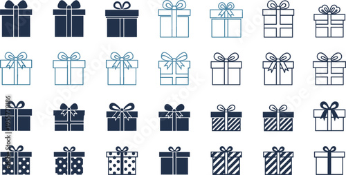 Gift box vector icon set with ribbon and bow designs, outline and solid present symbols collection, festive packaging elements isolated on white background.