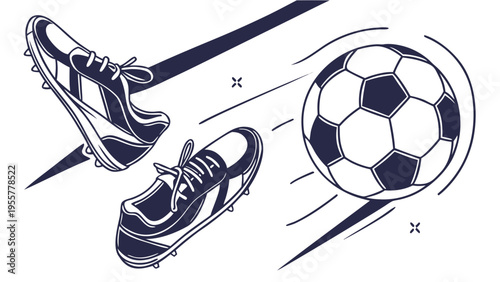 Soccer ball and football boots in motion with dynamic lines illustrating speed and action in sports scene