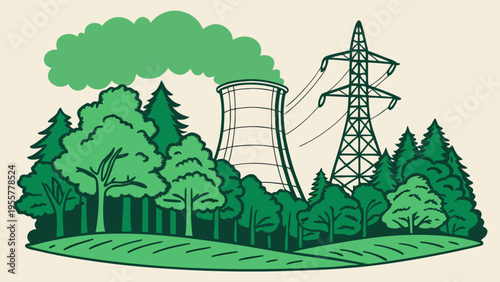 Industrial power plant with cooling towers and transmission lines surrounded by green forest landscape