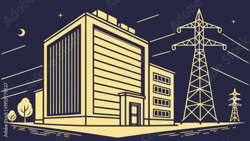 Modern industrial building with power transmission tower at night and stylized energy infrastructure scene