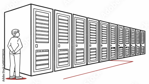 Modern data center corridor with server racks and engineer inspecting infrastructure and network equipment