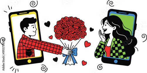 Flat design red rose bouquet handed through smartphones to surprised woman valentines day