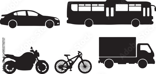 Vehicles Silhouette Vector Collection – Car Bus Truck Motorcycle Bicycle Side View Black Icons Set