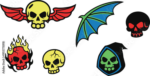 Flat design winged and flaming skull stickers with cracked yellow skull hooded reaper