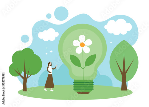 The concept of green energy, nature and environmental conservation. Light bulb with flower