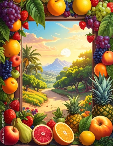 A vibrant, colorful image of a landscape scene framed by assorted fresh fruits. A path leads towards the mountains and a sunrise