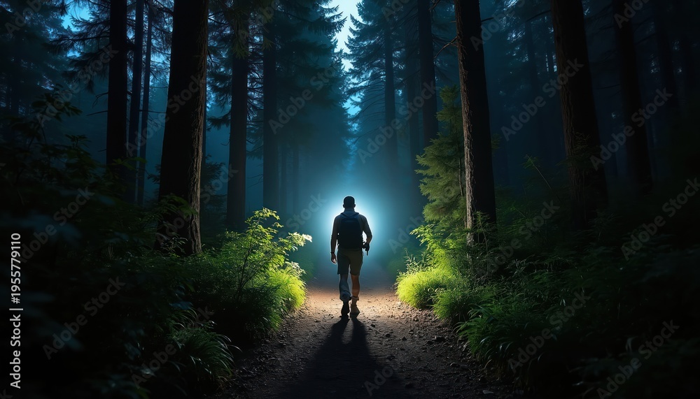 Obraz premium Man walks on dirt path through dark forest at night. Backpacker uses flashlight creating light beam on trail. Hiking adventure through woods with glowing plants.