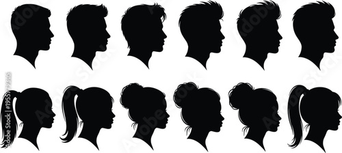 Men and women profile silhouette vector set with diverse hairstyles, human head side view collection, male and female avatar icons isolated on white background.