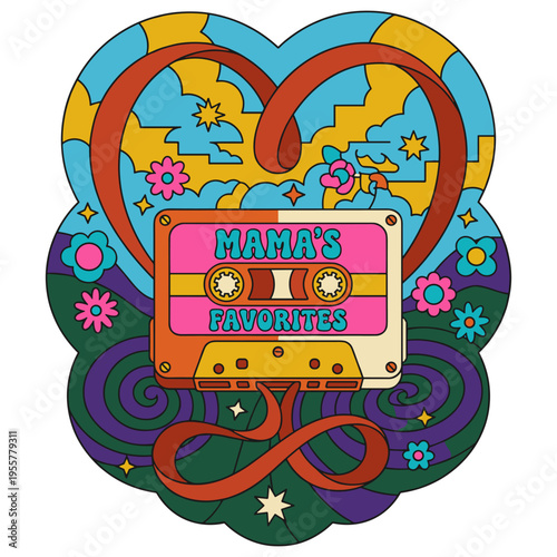 Retro Cassette Tape with Heart Shaped Ribbon and Mama's Favorites Text