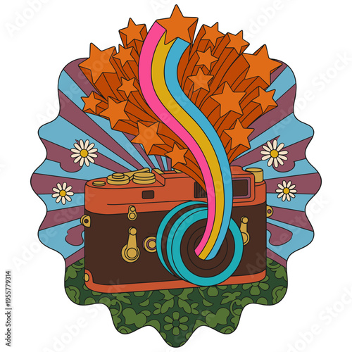 Vintage Analog Camera with Rainbow and Stars Bursting from Lens