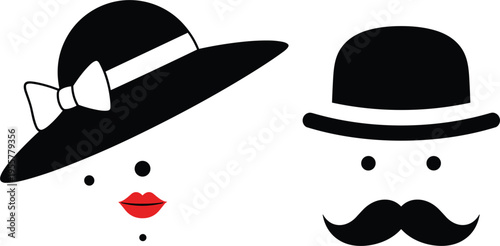Minimal vintage face icons with hat and mustache vector set, elegant woman and gentleman silhouettes, retro fashion characters isolated on white background.