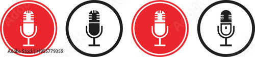 Microphone vector icon set with circular buttons, audio recording and podcast symbols, modern sound equipment elements isolated on white background.