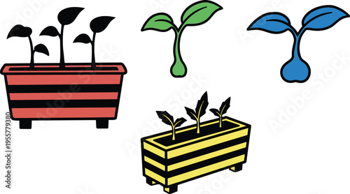 Striped red and yellow planter boxes with three seedlings and colorful sprout icons