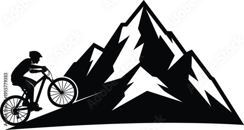 Mountain biking vector silhouette illustration with cyclist riding near sharp peak landscape, outdoor adventure sport design isolated on white background.