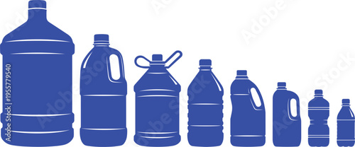 Plastic bottle vector silhouette set with various container sizes, water and beverage packaging shapes collection isolated on white background.