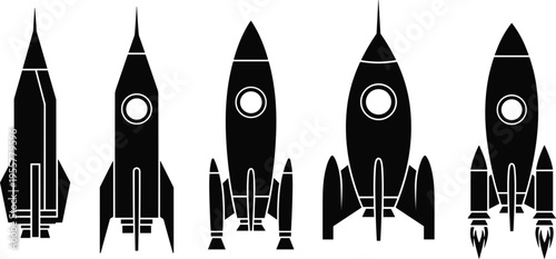 Rocket silhouette vector set with different spaceship designs, space launch vehicle icons, futuristic aerospace technology collection isolated on white background.