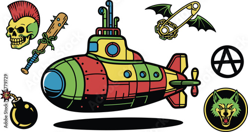 Colorful retro submarine with patchwork panels surrounded by punk skull bat spiked club and bomb