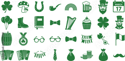 St Patrick day vector icon set with shamrock, leprechaun, beer mug and festive symbols, Irish holiday elements collection isolated on white background.