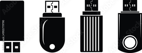 USB flash drive silhouette vector set with different storage device shapes, portable data memory icons, technology equipment collection isolated on white background.