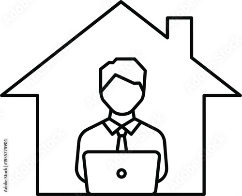Work from home vector illustration with laptop user inside house outline, remote office and home business concept isolated on white background.