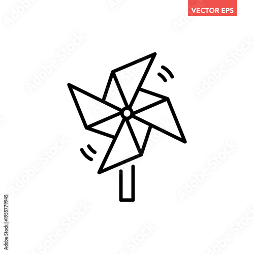 Black single pinwheel line icon, simple wind toy flat design illustration infographic pictogram vector, app logo web button ui ux interface elements isolated on white background