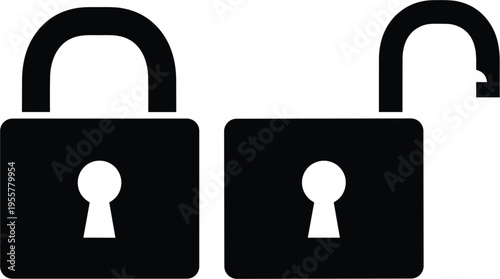 Locked and unlocked padlock vector icon set with security symbols, privacy protection and access control elements isolated on white background.