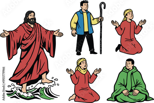 Red robed jesus walking on water with kneeling worshipers and a standing shepherd with staff