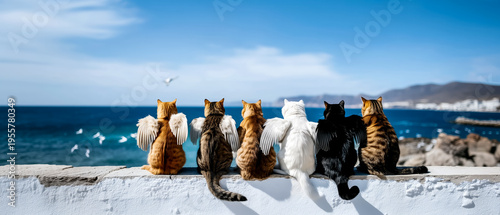 Dream of the sky and flight, six cats with wings sitting on the curb and admiring the sea and seagulls flying in the sky, vacation and travel time, copy space for the concept of sea adventures