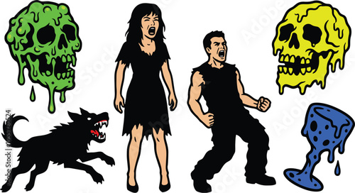 Vector art screaming man and woman with dripping green and yellow skulls snarling wolf and blue goblet