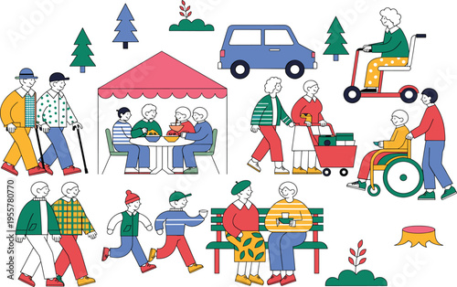 Colorful flat design illustration of elderly and family activities in a park setting with mobility aids and outdoor fun