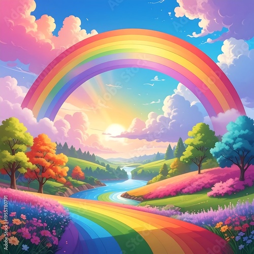 A vibrant, colorful landscape featuring a rainbow arching across a sunny sky over rolling hills and a winding river