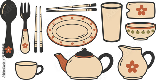 Flat design beige teapot cup plate and floral pitcher set with chopsticks and utensils
