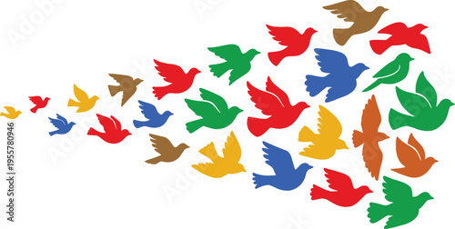 Colorful flock of stylized birds flying together in dynamic formation illustration perfect for freedom nature or teamwork concepts