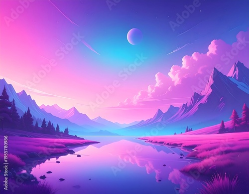 A vibrant, colorful landscape of a river mirroring the sky with mountains and clouds. Pink and blue hues dominate, with a bright celestial orb