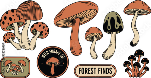 Retro mushroom badge set with forest finds and wild forage lettering in earthy tones