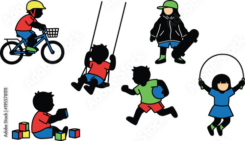 Playground flat design children on bicycle swing skateboard jump rope and blocks in bright colors