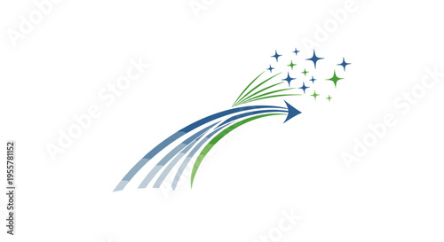 a blue and green arrow pointing to the right with stars.